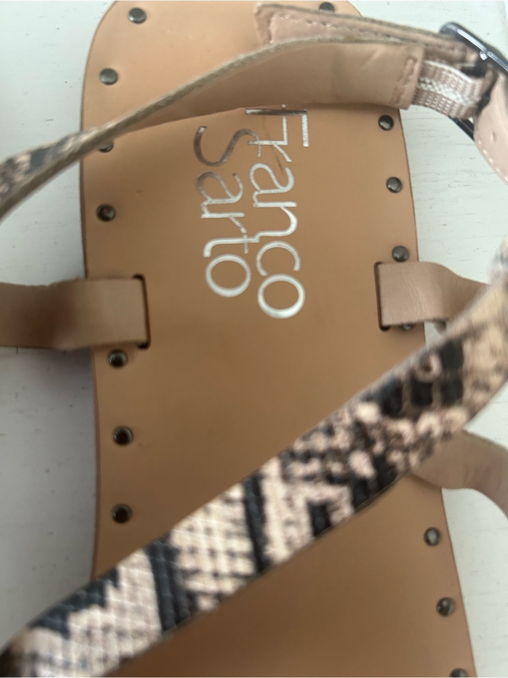 Franco Sarto Tan and Black Snake-Print Strappy Flat Sandals - Picture 6 of 8
